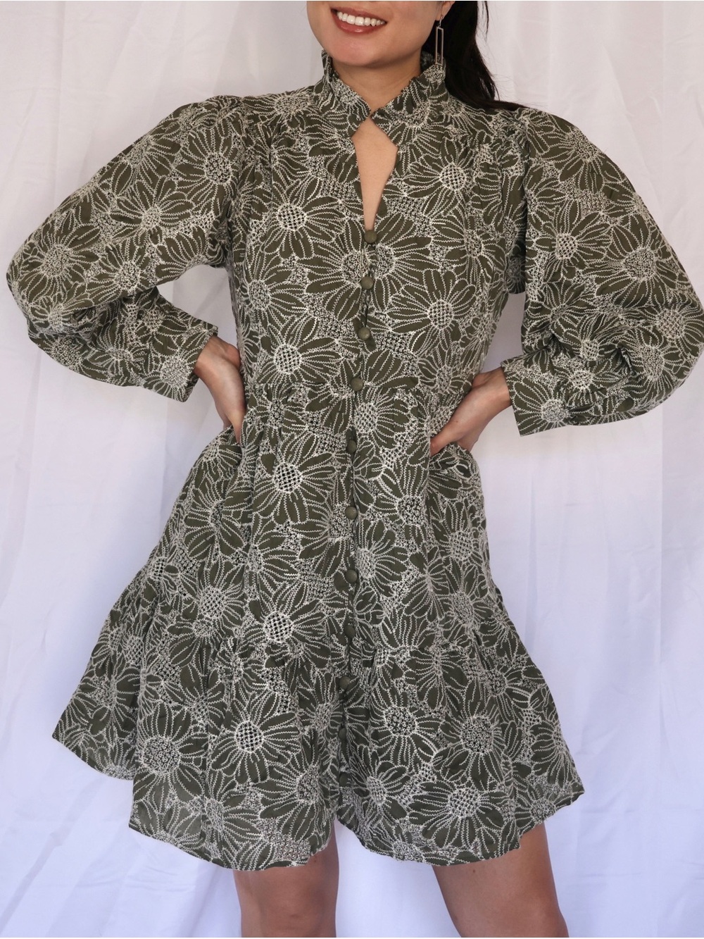 Olive Floral Tiered Mini Dress with Keyhole Neckline